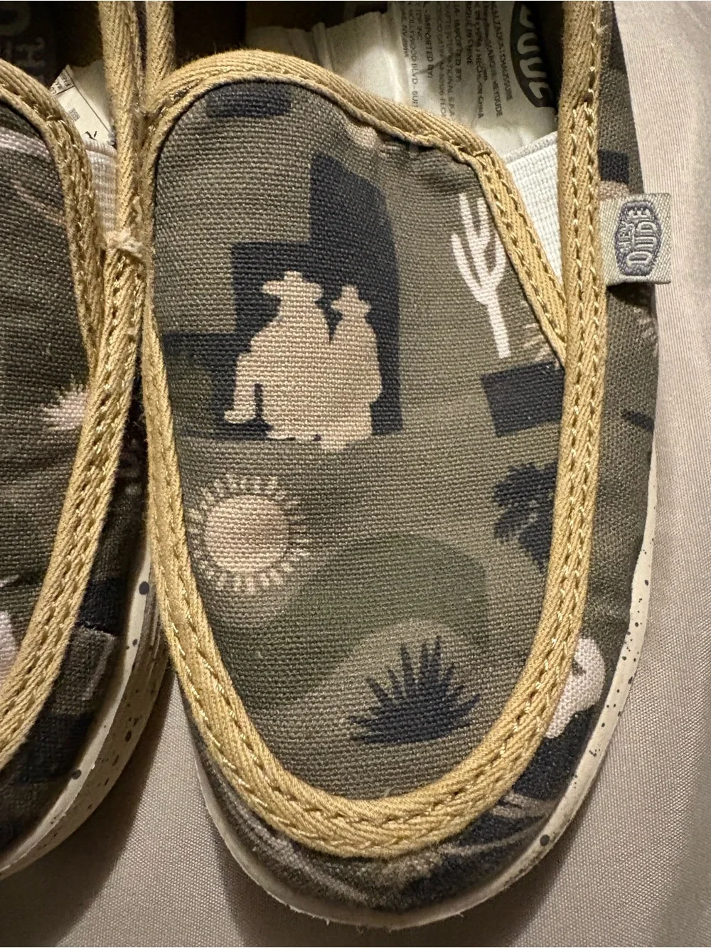 Hey Dude Kids Slip-On Moccasins in Olive Green with Tan Trim